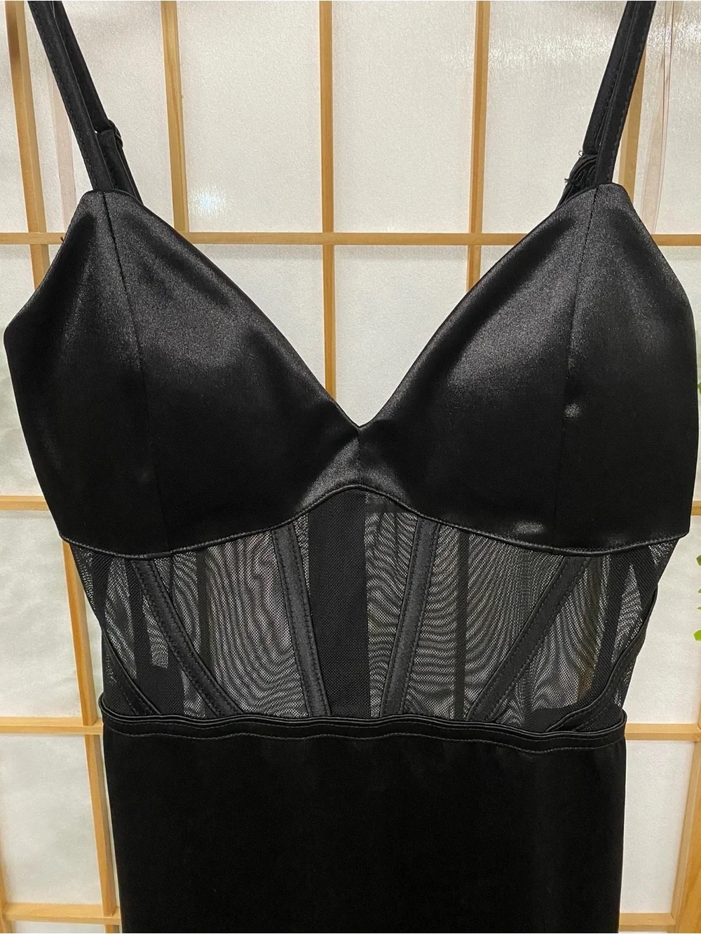 Black Sheer-Bodice Slip Dress with Adjustable Straps
